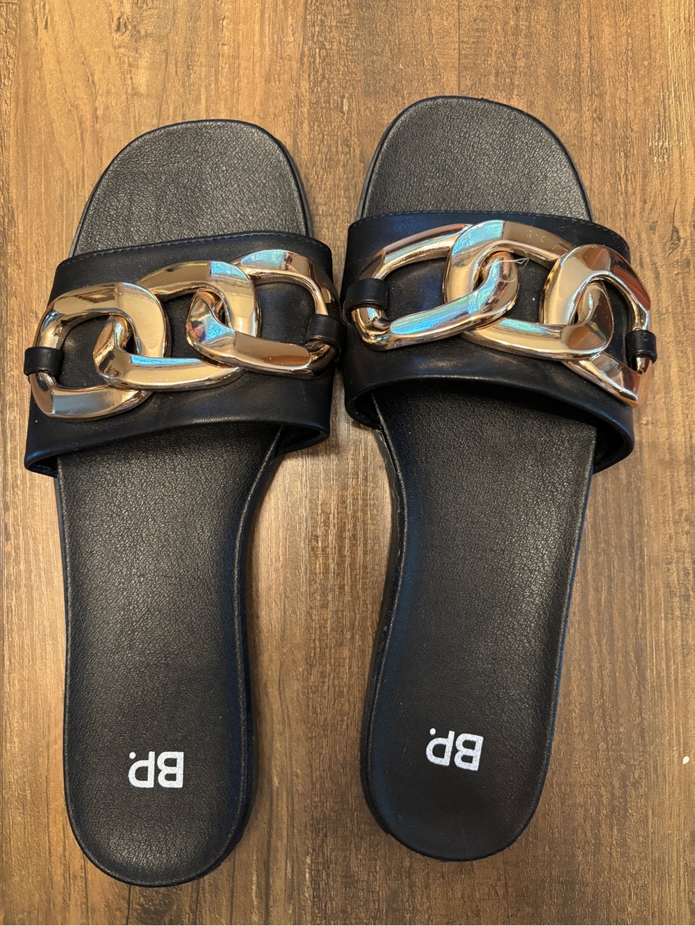 bp Black Slide Sandals with Oversized Gold Chain
